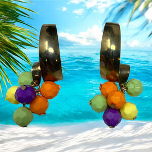 Vintage 1980s Tropical Multicolor Dangle Pierced Earrings Acrylic Metal Spirals